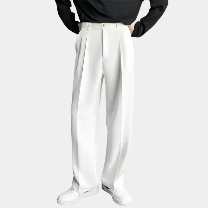 Polyester Blend Trousers - Wide Leg Pleats & Neat Fall